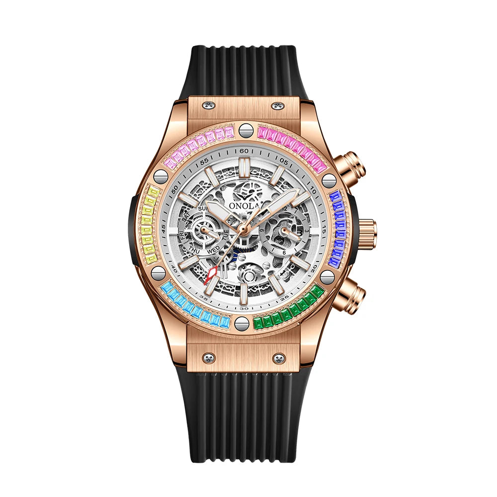 ONOLA 6855 Luxury Men Automatic Mechanical Watch High End Leisure Color Diamond Night Light Week Sports Watches for Man