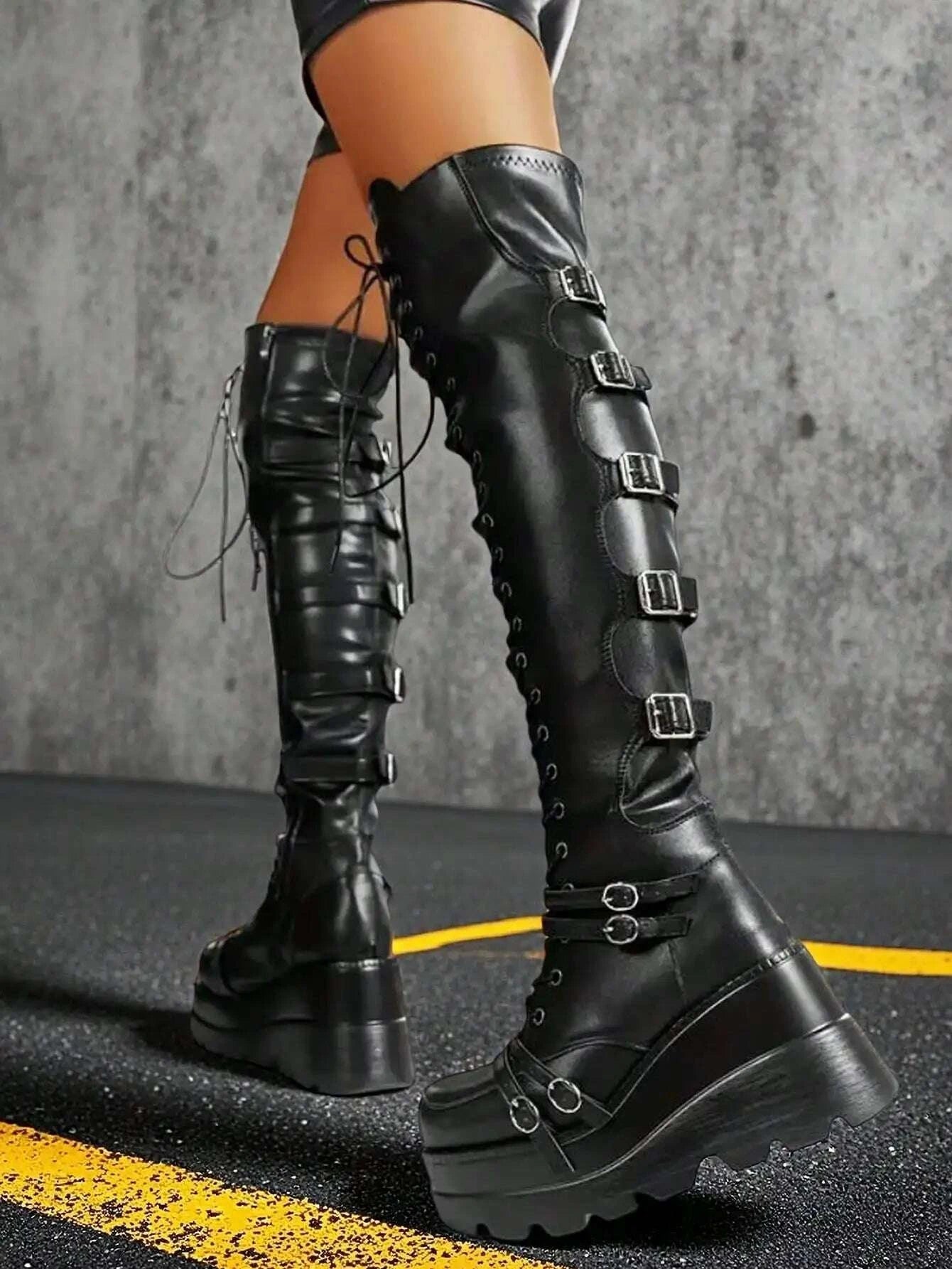 KIMLUD, Gothic Over The Knee Boots Y2k Chunky Heel Lace Up Combat Booties Metal Buckle Punk Women Cosplay Holloween Dress Shoes, KIMLUD Womens Clothes