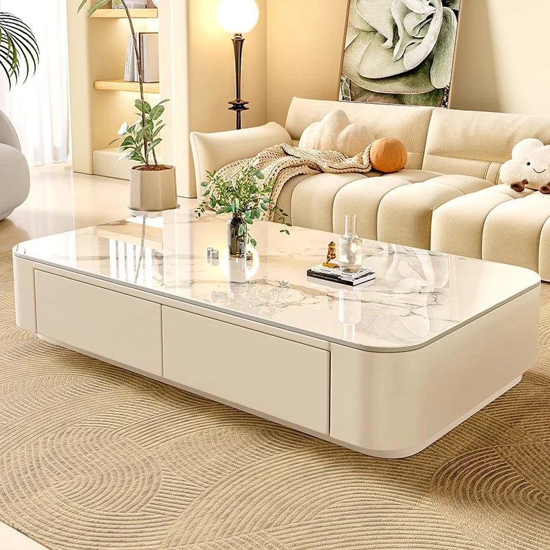 Rock-Slab Coffee Table With Wooden Frame — White | KIMLUD