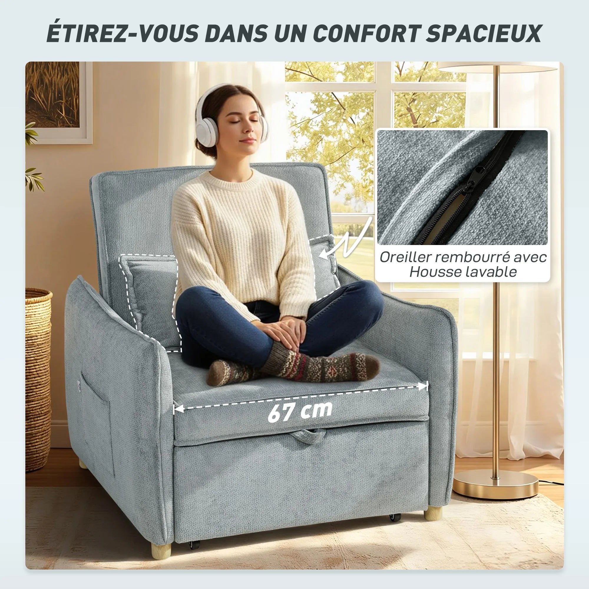 Textured Fabric Armchair 3-in-1 Convertible With Wide Seat — Dusty Blue-Gray | KIMLUD