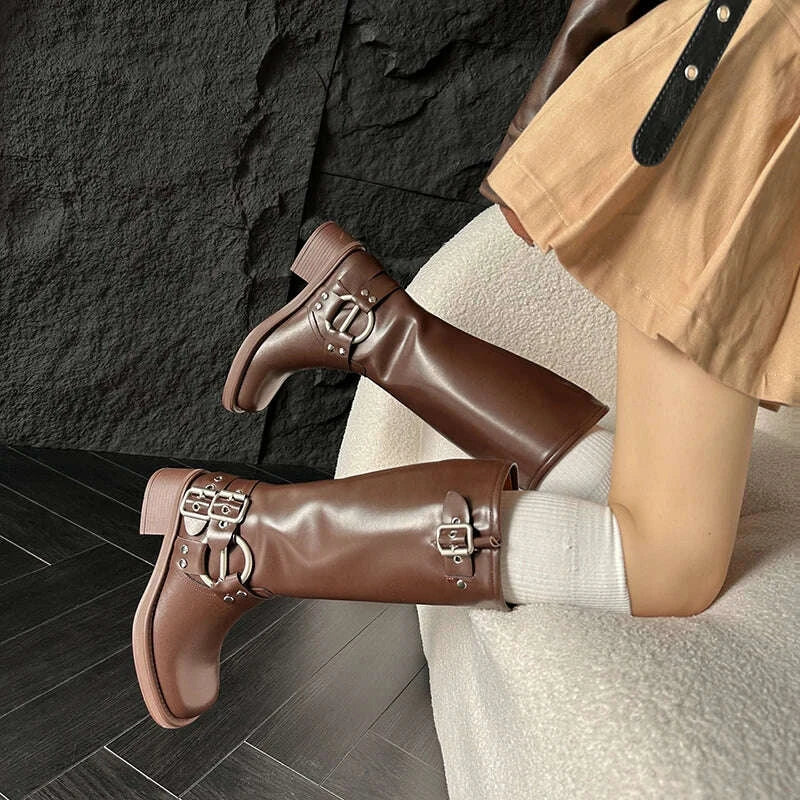 KIMLUD, Arden Furtado 2025Autumn Brown Platform Motorcycle boots Round toe Belt buckle Slip-on Middle heel Knee high boots Western boots, KIMLUD Womens Clothes