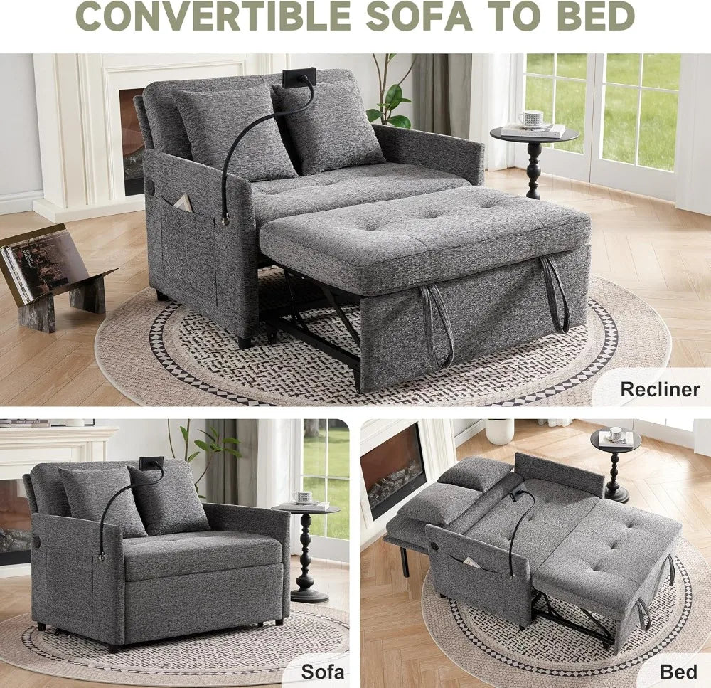 Boucle Sleeper Sofa Bed With USB Type-C Ports And 3-In-1 Convertible Backrest — Dark Grey | KIMLUD