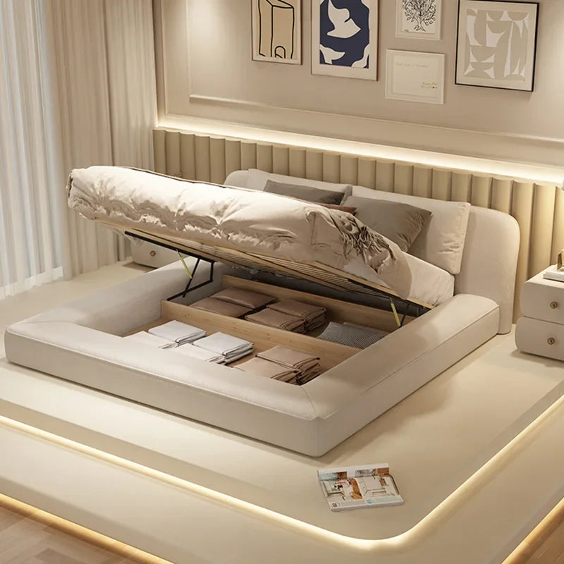 Minimalist Modern Wood Queen Size Bed With Storage — White | KIMLUD