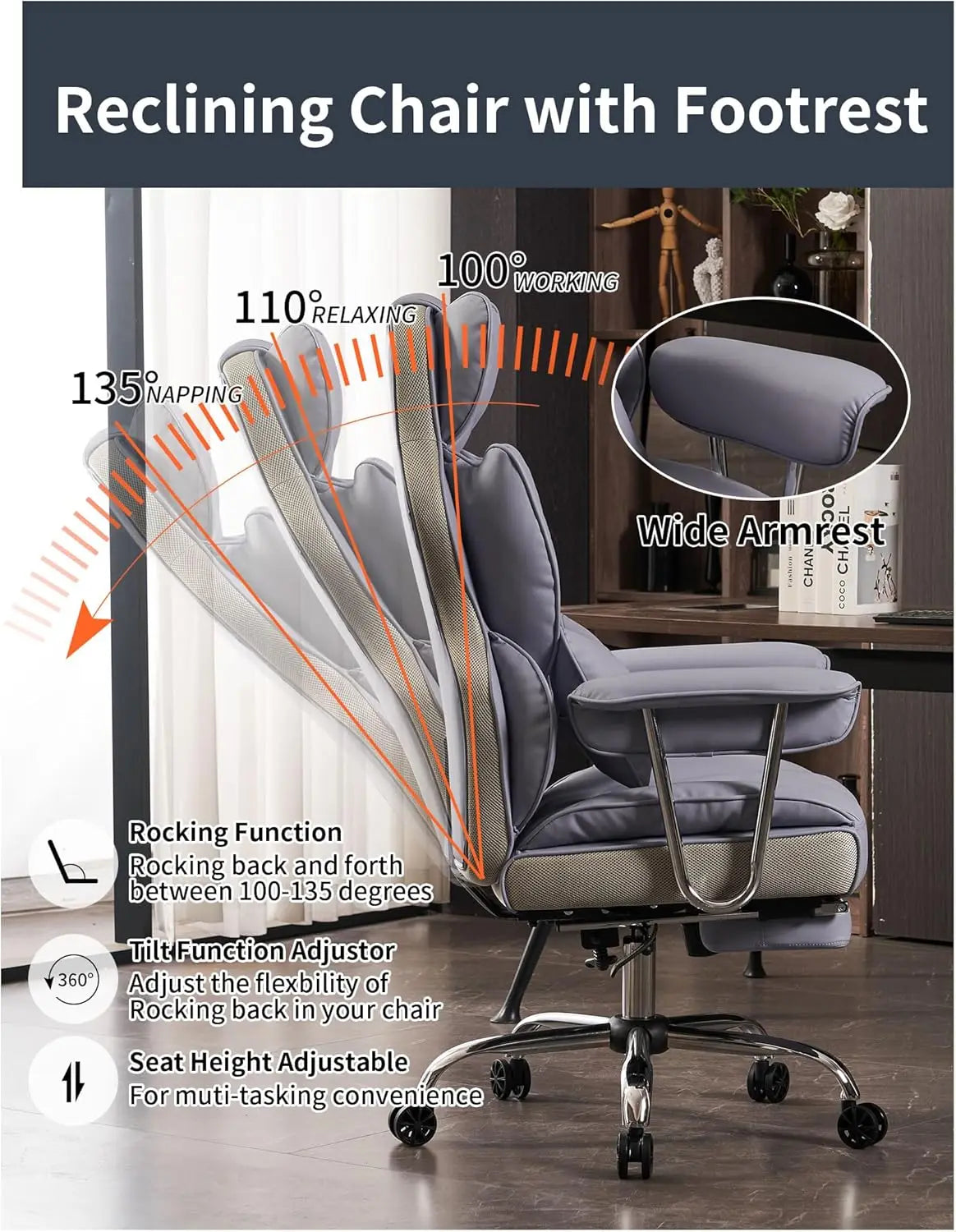 Big and Tall Office Chair 440LBS, Purple Heavy Duty Executive Chair with Footrest, Ergonomic Desk Chair for Home Office, Wide Co