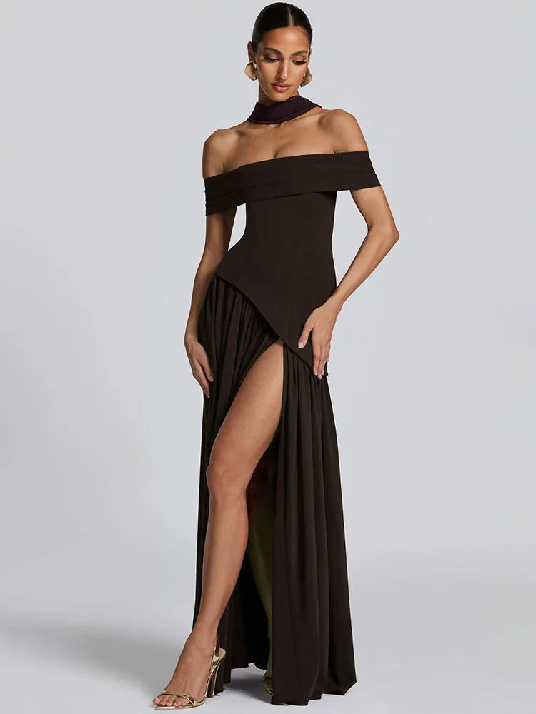 Mozision Off-shoulder Backless Sexy Maxi Dress Women Fashion Strapless Sleeveless Pleated Thigh High Split Club Party Long Dress