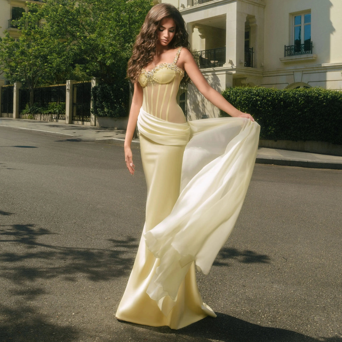 Corset Evening Dress – Illusion Beaded – Satin Train – Butter Yellow | KIMLUD