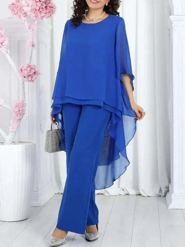 KIMLUD, Elegant 2 Pieces Sets Woman's Chiffon Solid Mid-Sleeve Layered ruffled edges Long Top & Straight-leg Trousers Pants Sets Outfits, KIMLUD Womens Clothes