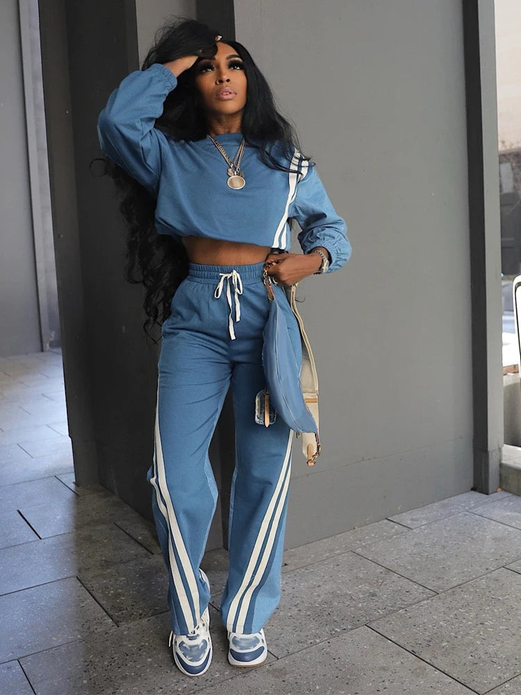 Sweatsuits for Woman 2025 Fall Sports Fashion Color Block Stripe Full Sleeve Sweatshirt and Drawstring Long Pants 2 Piece Sets