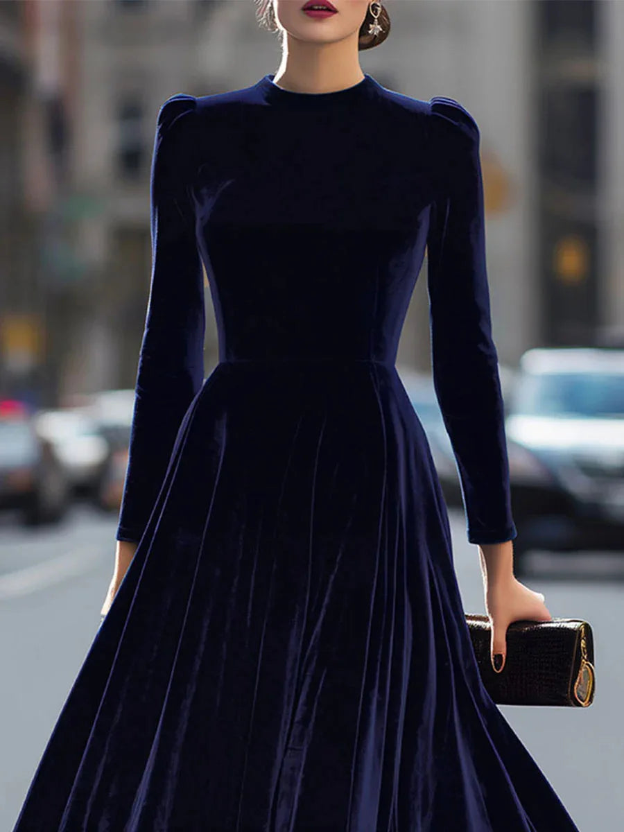 Velvet Dress Long Sleeve Round-Neck Midi — Navy | KIMLUD