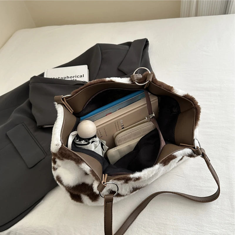 KIMLUD, Large Capacity Shopper Bags For Women Winter Travel Tote Bag Cow Printing Plush Shoulder Bag Ladies Handbag Designer Bolsos, KIMLUD Womens Clothes