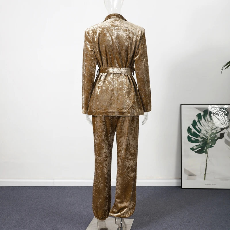 Fashion Velvet Print Lapel Belt Suit Pant Set Women Solid Lace Up Full Sleeve Blazer Wide Leg Cuffed Pants 2025 Autumn Lady Sets