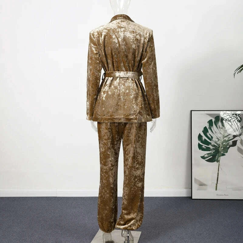 KIMLUD, Fashion Velvet Print Lapel Belt Suit Pant Set Women Solid Lace Up Full Sleeve Blazer Wide Leg Cuffed Pants 2025 Autumn Lady Sets, KIMLUD Womens Clothes