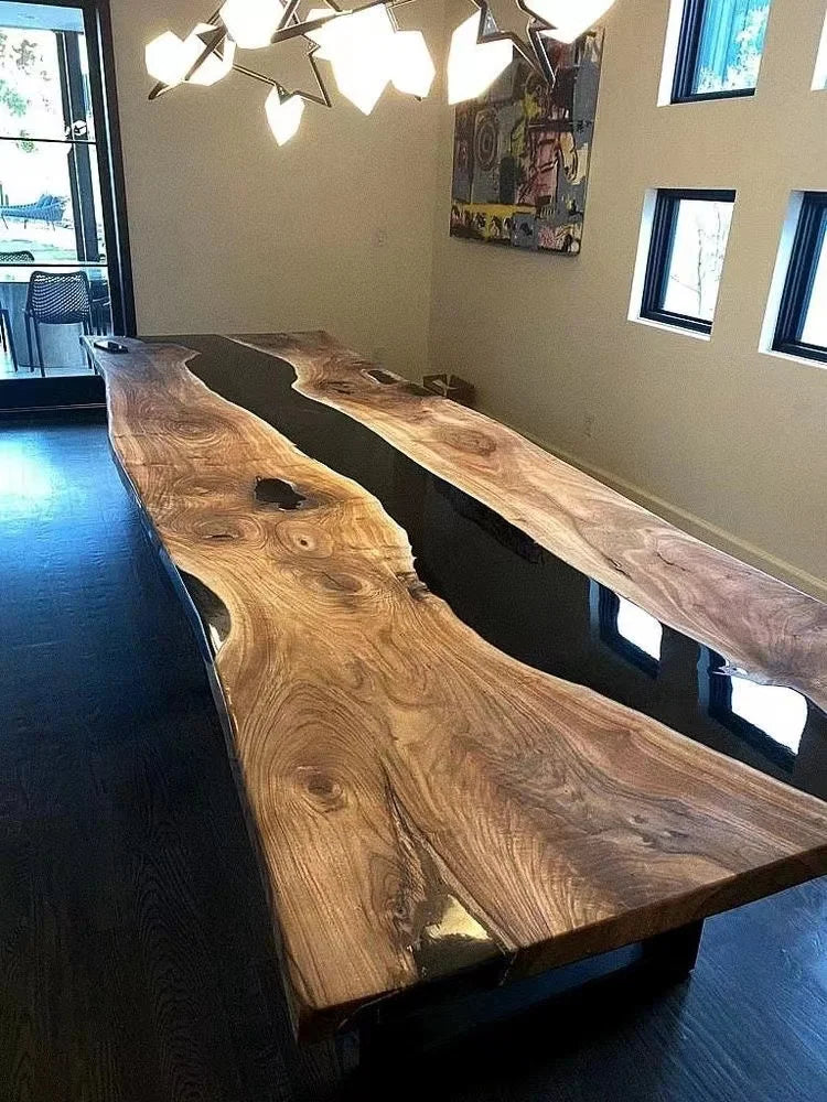 Walnut Wood Dining Table Top Amber Resin River — Walnut | KIMLUD