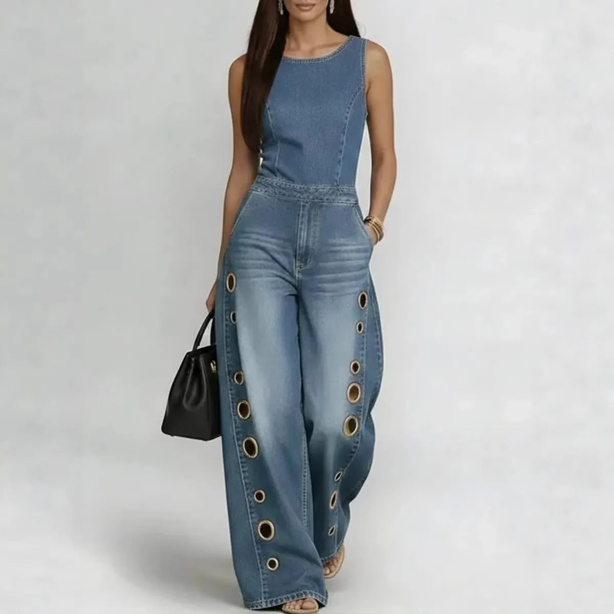 Women's Sleeveless Denim Jumpsuit High Waist Wide Leg Pants with Gold Eyelet Cutout Decor Streetwear Casual Fashion Romper
