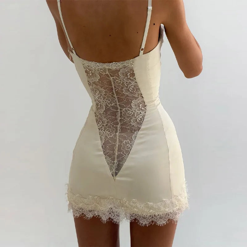 Lace Sling Satin Sheer Mini Dress — White | KIMLUD