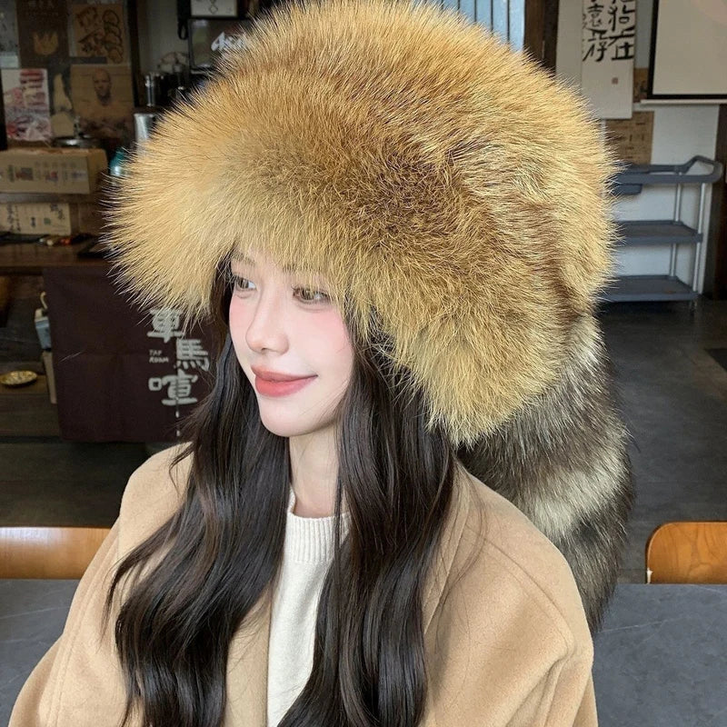 Winter Women Fashion Real Fur Hat Natural Fox Fur Hats Headgear Russian Outdoor Cap Ladies Thicken Warm Fur Caps Hats for Women