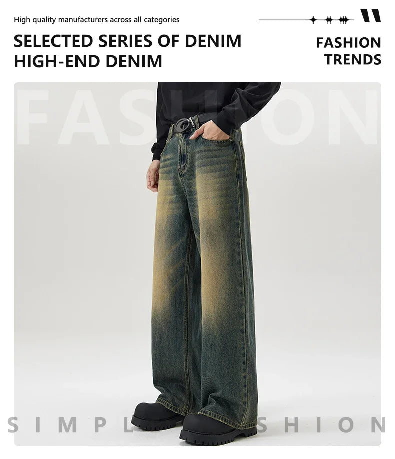 4 Colors Autumn Vintage Distressed Men's Baggy Straight Jeans Fashion Korean High Street Denim Pants Streetwear Male Trousers