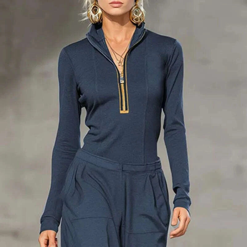 KIMLUD, Retro Solid Zipper Hooded Top Pullover+High Waist Pants Outfit Woman Sexy Stand Collar Overalls Suit Chic Long Sleeve Autumn Set, KIMLUD Womens Clothes