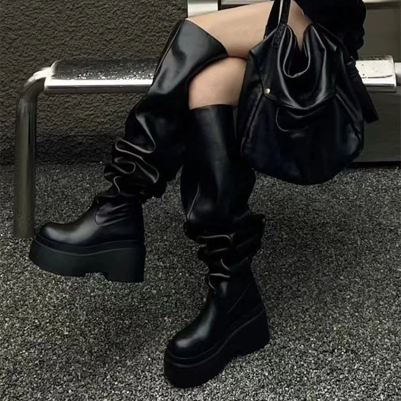 Women Platform Knee High Boots Fashion Pleated Round Toe Square Heel Leather Boots Black Party Dress Women Shoes Large Size35-40