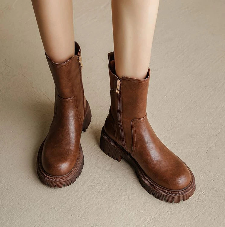 Women's Half High Boots Brown Round Toe Ladies Mid Calf Shoes Chelsea Flat Comfortable and Elegant Winter 2024 Novelty Cosplay