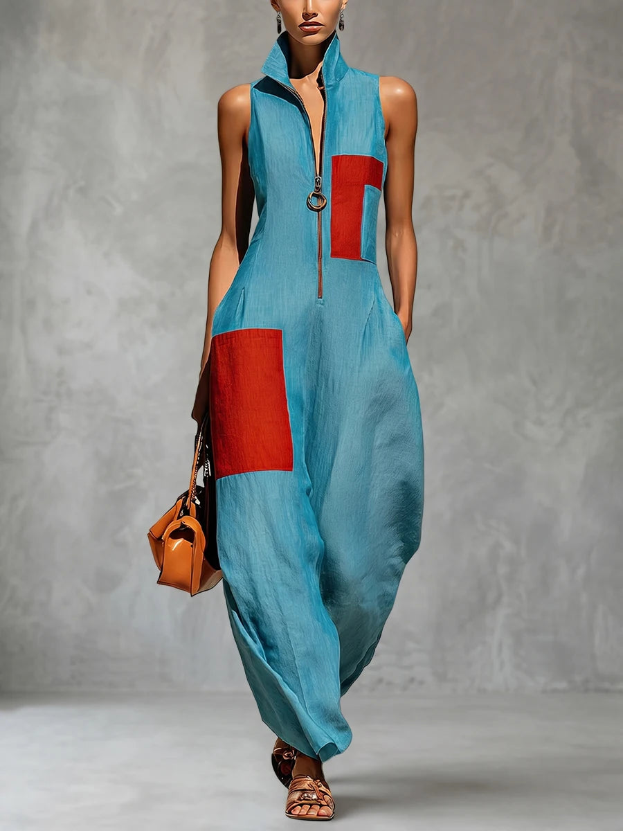 Polyester Elastane Sleeveless Jumpsuit — Black | KIMLUD