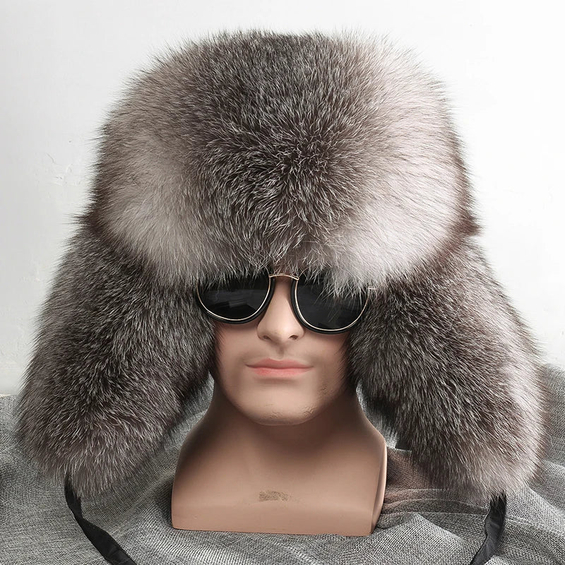 2025 Winter 100% Real Silver Fox Fur Bomber Hat Raccoon Fur Ushanka Cap Trapper Russian Men's Ski Hats Caps