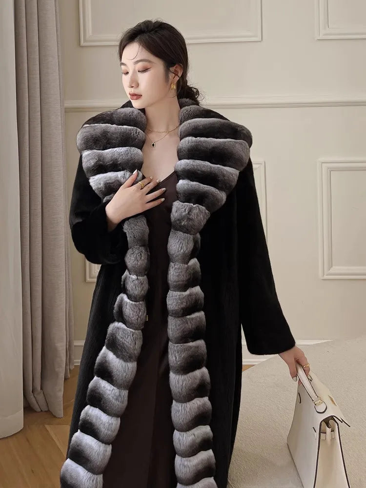 Long Faux Fur Coat Women Autumn Winter Large Jacket Overcoat White Turn Down Collar Pockets Thick Coat Warm Jackets Maxi Coats