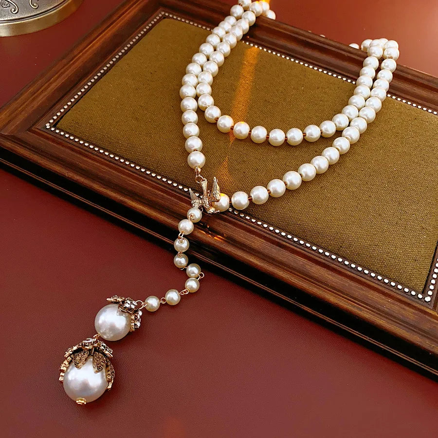 Little Bird French Imitation Pearl Pendant Necklace Flower Inlaid Rhinestone Adjustable Necklace Fashion Woman Party Jewelry N1