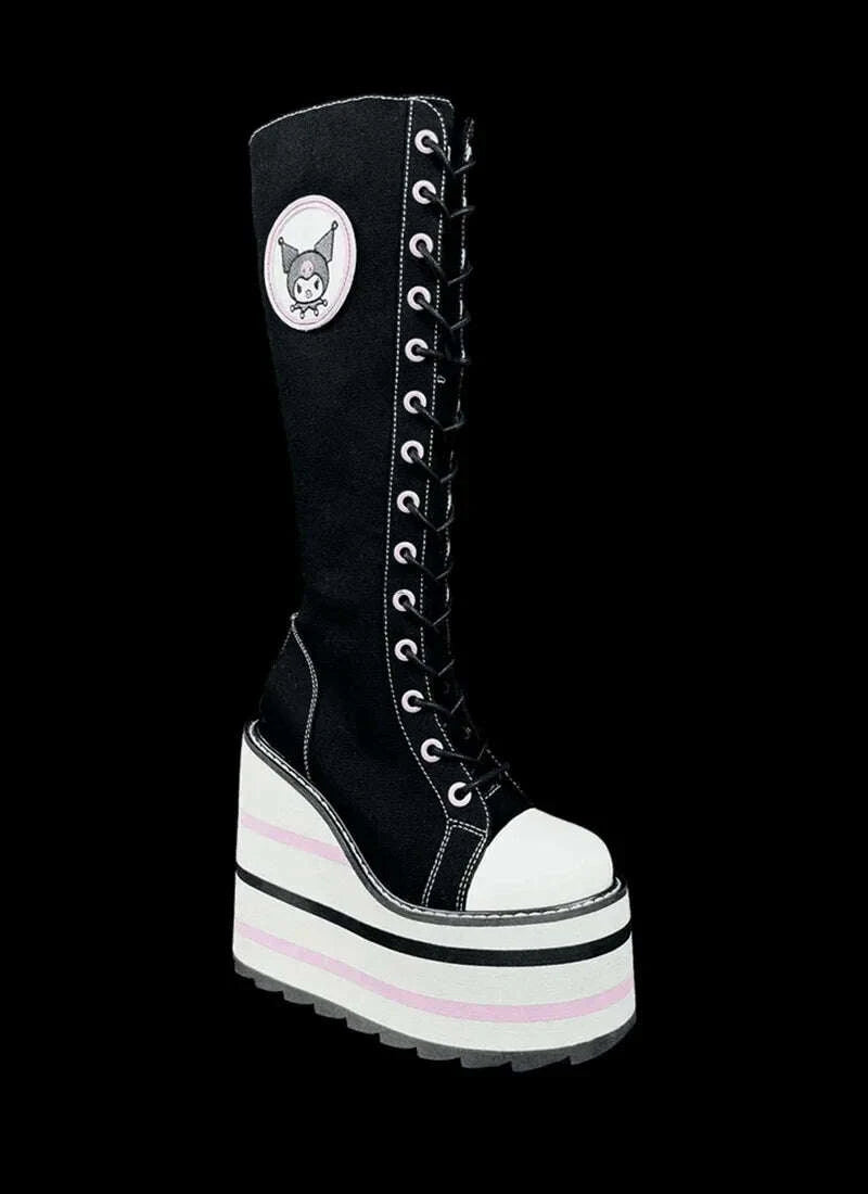 KIMLUD, Canvas red Check Platform Knee high Boots Women Metal Chain Round Toe Wedges Cross Tied Lolita Heighten Shoes Lovely Sexy Boots, KIMLUD Womens Clothes