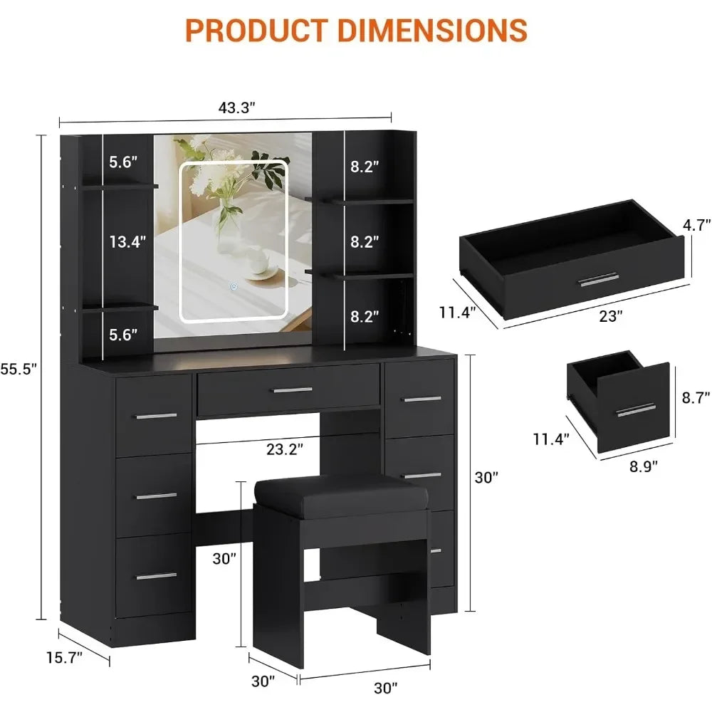 Vanity Table with Large Mirror and Chair, Power Outlet, Hair Dryer Rack, 7 Drawers 3 Lighting Modes Brightness Adjustable