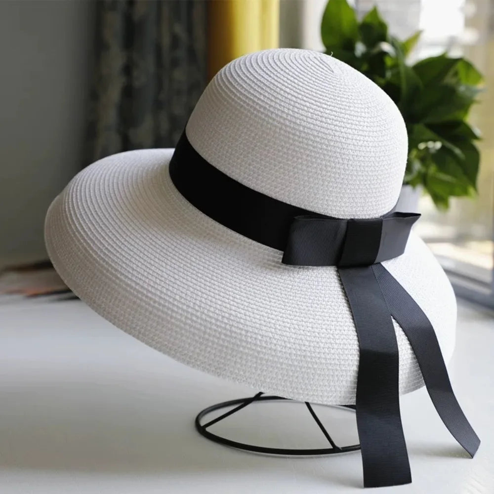 Vintage Breathable Straw Wide Brim Hat — Black | KIMLUD