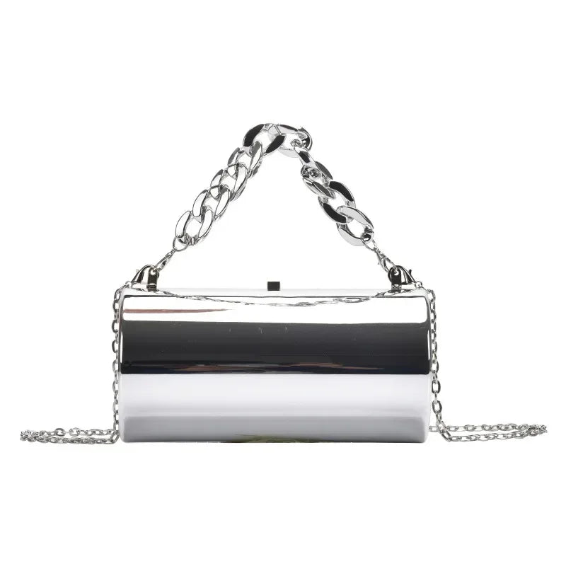 Metallic Cylinder Mini Box Clutch Purse — Gold | KIMLUD