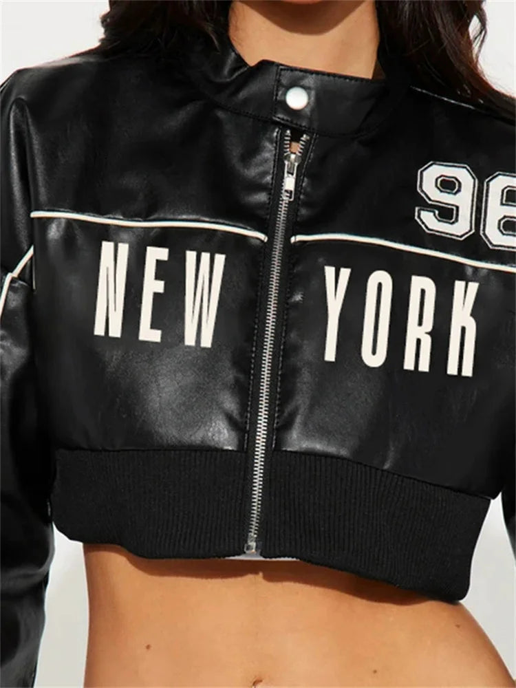 kliou Letter PU Patchwork Women Coats New Hipster Button Zip-up Full Sleeve Crop Jackets Trend Cool Street Outwear Spring New