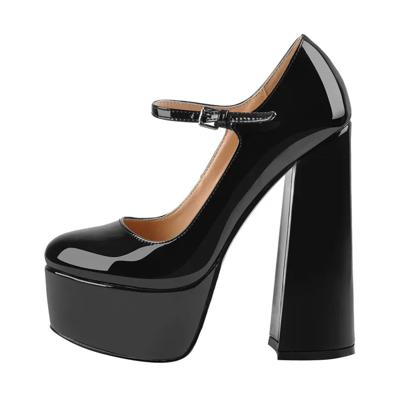 Black patent high-heeled shoe on a white background