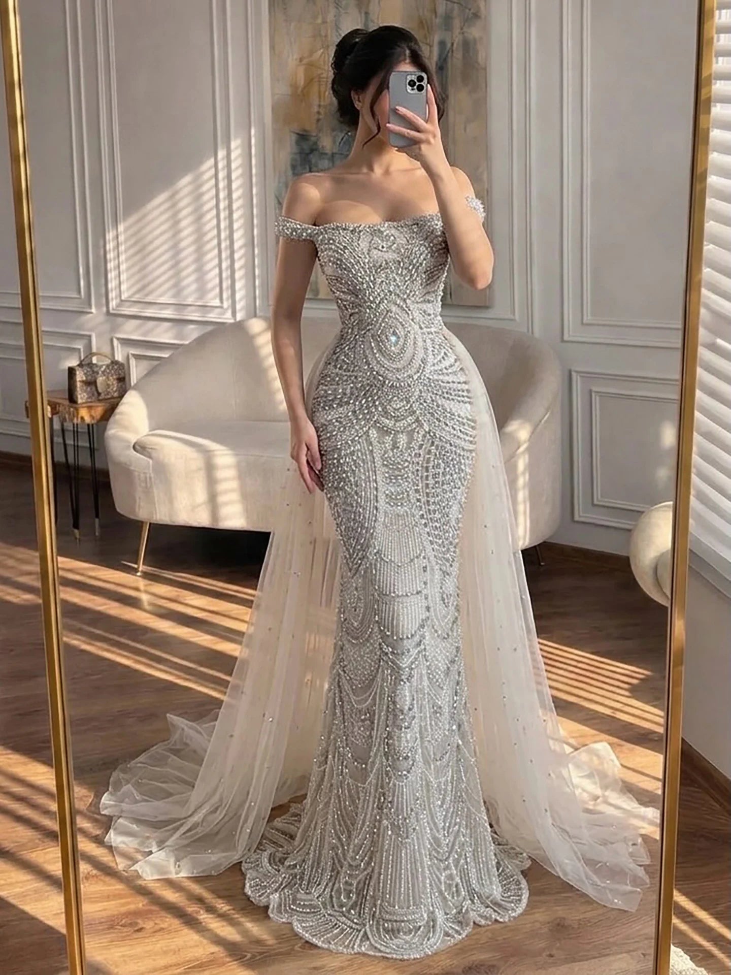 Beaded Crystal Mermaid Dress — Silvery Nude | KIMLUD