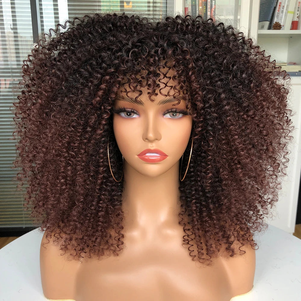 Afro Kinky Curly Hair Wigs With Bangs — Natural Brown Mixed | KIMLUD