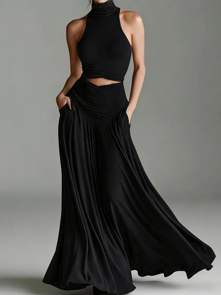 Knit Sleeveless Turtleneck TwoPiece Set — Black | KIMLUD
