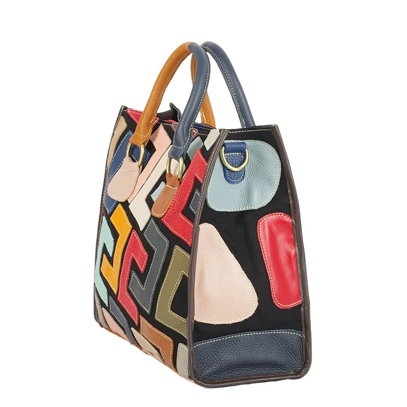 Genuine Leather Color-Contrasting Tote Bag — Black | KIMLUD