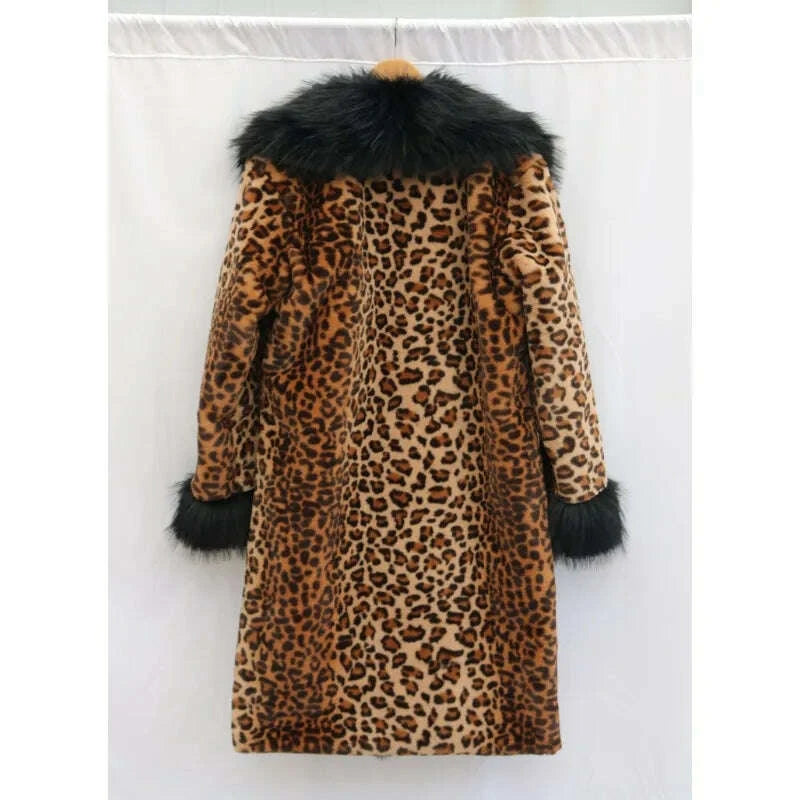 KIMLUD, Women's Clothing Leopard Print Coat Long Coat Mink Fur Overcoat Fox Fur Fur Collar Winter Warm Windbreaker Loose Fit Plus Size, KIMLUD Womens Clothes