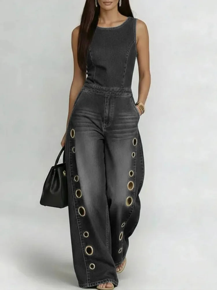 Denim Jumpsuit Eyelet Wide-Leg Pockets — Denim Blue | KIMLUD