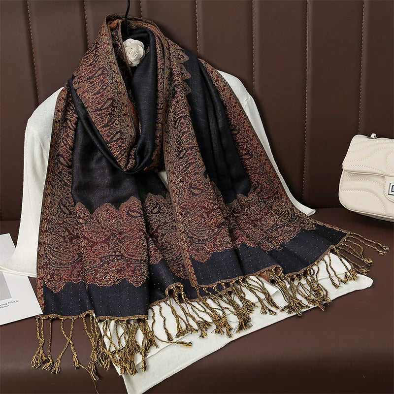 Cashmere Pashmina Shawl With Autumn Print Design, Olive Accents And Gold-Toned Fringe — Red | KIMLUD