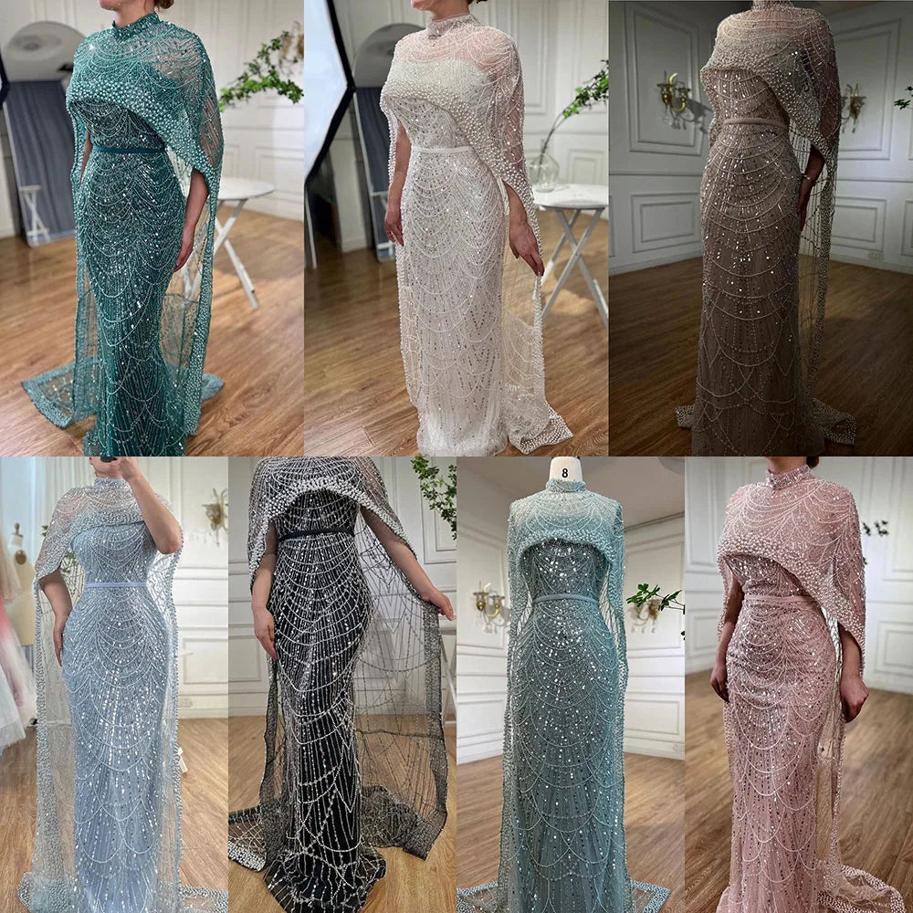 Beaded Gown With Mermaid Cape — Dubai Nude | KIMLUD