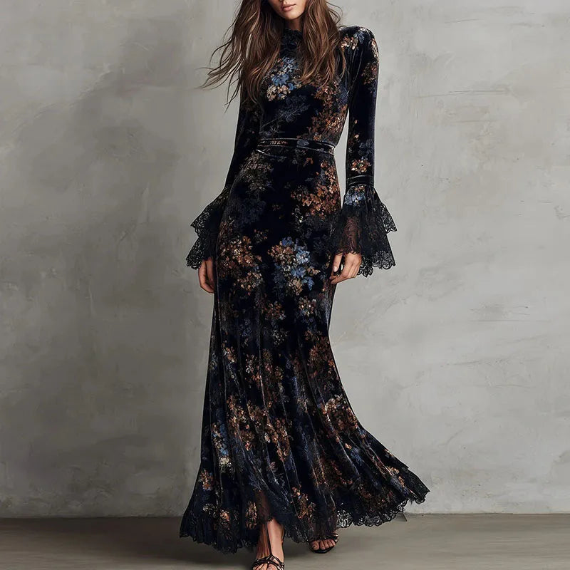 Velvet Floral Print Maxi Dress With O-Neck Empire Waist Long Sleeves — Black | KIMLUD