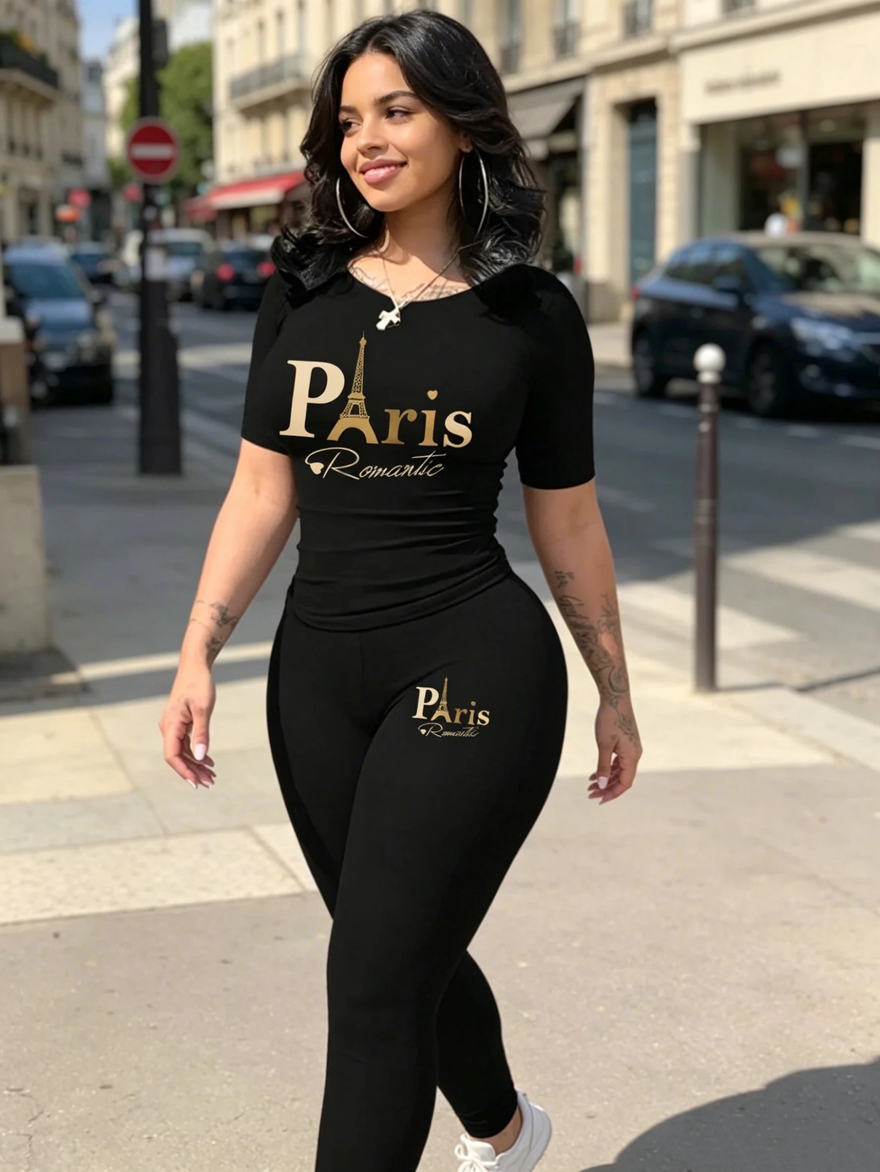 Two-Piece Set - Paris Print - Slim Silhouette - Synthetic Fiber | KIMLUD