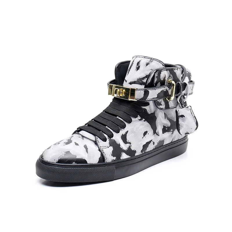 High Top Sneakers – Gold Buckle – Crocodile Pattern Leather | KIMLUD