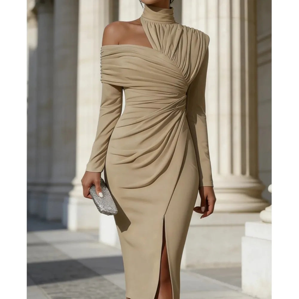 Off-Shoulder Pleated Banquet Dress With Half-High Collar Slit Long Sleeves — Black | KIMLUD