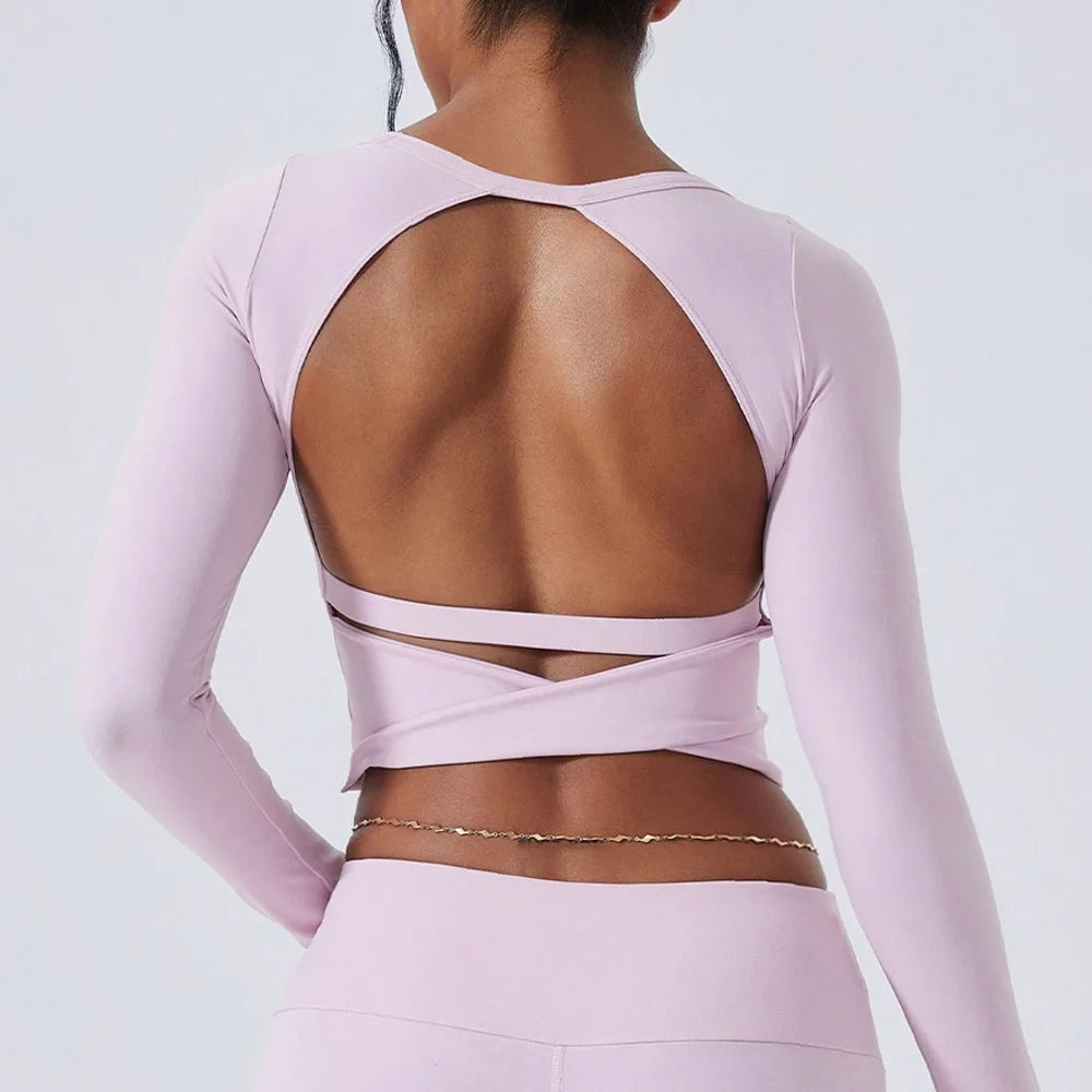 Cloud Hide Yoga Shirt Sexy Back Long Sleeve — Gray | KIMLUD
