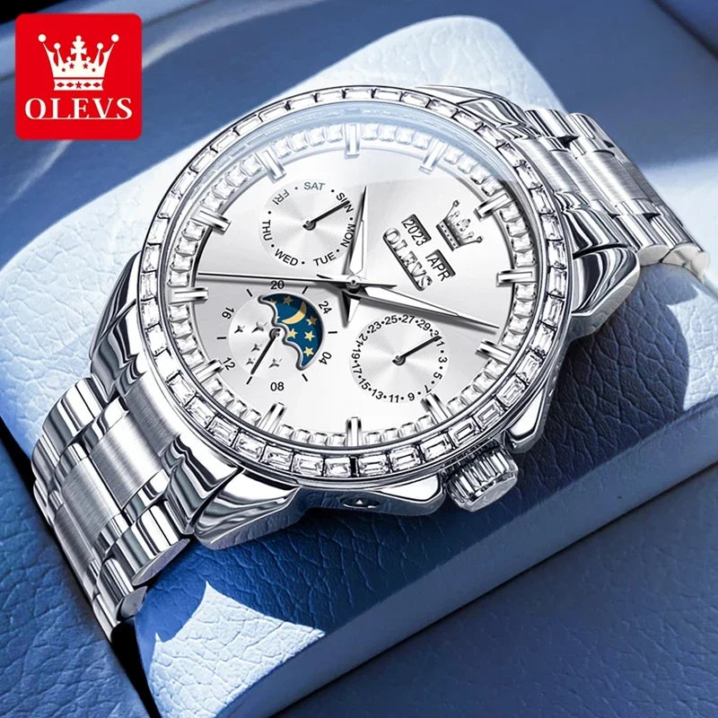 OLEVS 6695 NEW Men's Watches Full Multifunctional Dial Blue Leather Strap Calendar Week Moon Phase Waterproof Wristwatch