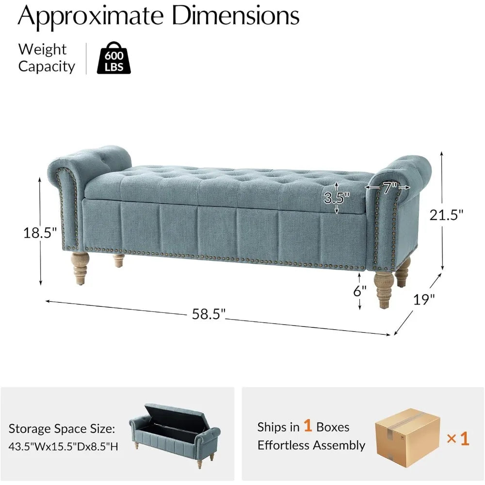 Farmhouse Upholstered Storage Bench, End of Bed Bench with Vintage Button Tufted Design(Blue)