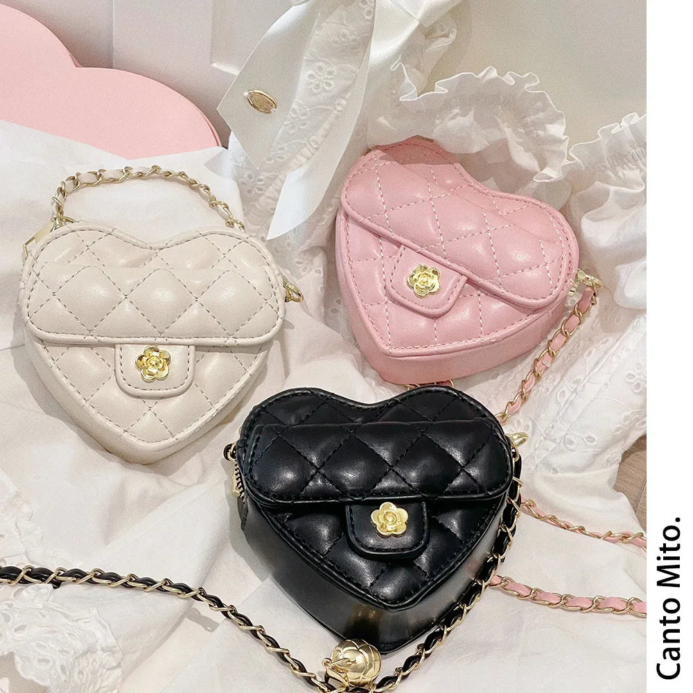 PU Crossbody Bag Diamond Checkered Heart — Black | KIMLUD
